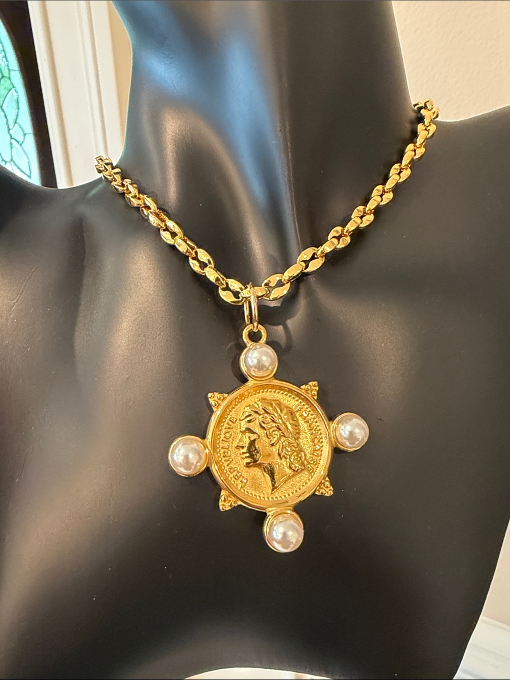 Gold Tone Medallion Pendant Necklace with Pearls - Women Jewelry